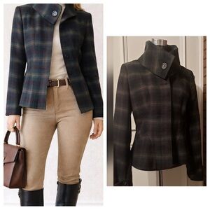 Green Plaid Tailored Blazer Size 10 Classic Preppy Equestrian Fall Jacket
